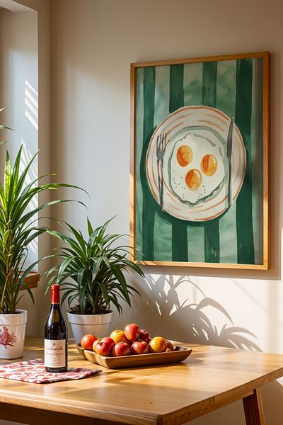 HİGUERA Tablou de perete pentru bucătărie cu rame din lemn natural KTB cu design artistic de farfurie de ouă