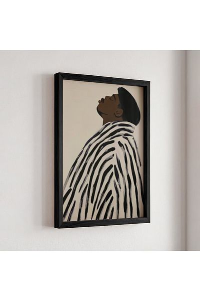 HİGUERA Desen elegant de portret, alb-negru, cu dungi verticale, pictură într-un cadru din lemn natural