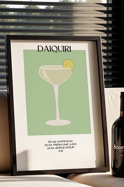 HİGUERA Daiquiri Cocktail BAR cu fundal verde Tablou de perete de bucătărie cu cadru din lemn natural
