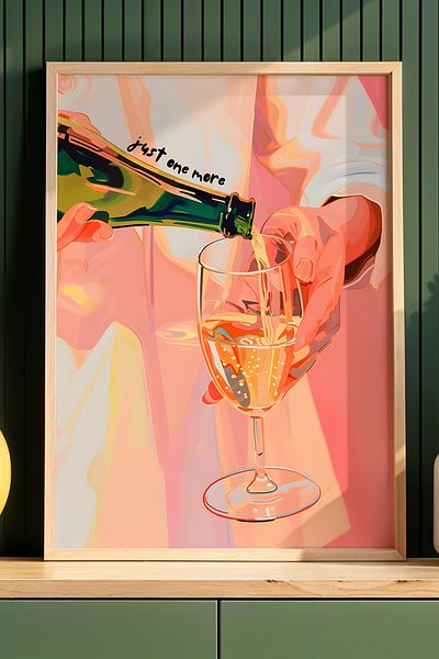 HİGUERA Just One More Champagne Service BAR Tablou de perete pentru bucătărie cu cadru din lemn natural