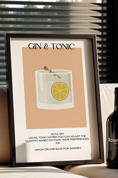 HİGUERA Gin & Tonic Cocktail BAR cu fundal bej Tablou de perete de bucătărie cu cadru din lemn natural