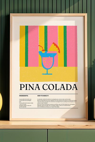 HİGUERA Pictură de perete pentru bucătărie Pina Colada Tropical Cocktail BAR cu cadru din lemn natural