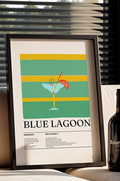 HİGUERA Blue Lagoon Cocktail BAR Tablou de perete de bucătărie cu cadru din lemn natural