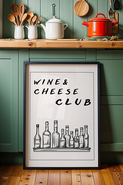 HİGUERA Masa cu rama din lemn natural cu scris Special Wine & Cheese Club pentru bucătărie
