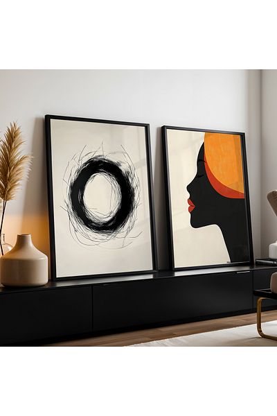 HİGUERA Portret de femeie Desen abstract Roșu Abstract Set de pictură pe perete cu două rame din lemn natural