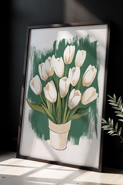 HİGUERA Design buchet de lalele albe - Modern și elegant Touch Pictură de perete cu cadru din lemn natural