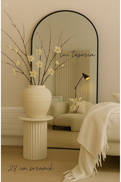 Lui Tasarım Krem Rengi Seramik Bohem Küp Vazo 28*28 cm Büyük Boy