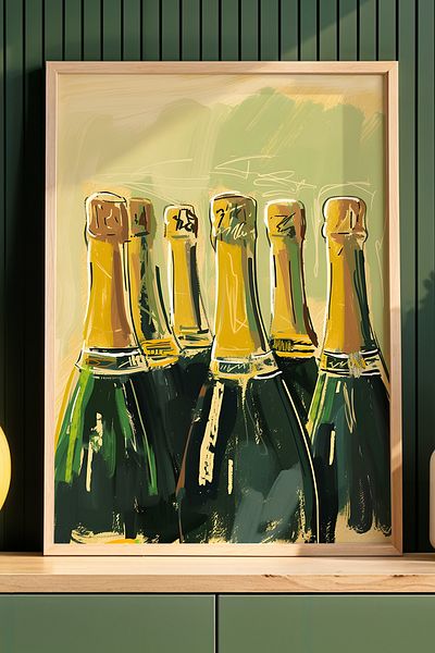 HİGUERA Sticle de șampanie Bucătărie Cocktail Bar Ilustrație Pictură în cadru din lemn natural