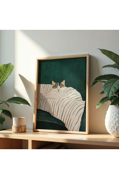 HİGUERA Pisica care influențează cu ochii ei - Tablou de perete cu rame din lemn natural, elegant și modern