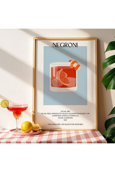 HİGUERA Negroni Blue Background Cocktail BAR Tablou de perete de bucătărie cu cadru din lemn natural