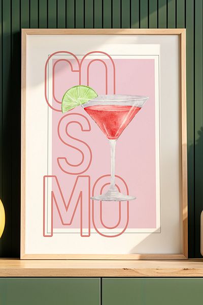 HİGUERA Cosmo Cocktail Bar Ilustrație BAR Tablou de perete de bucătărie cu cadru din lemn natural