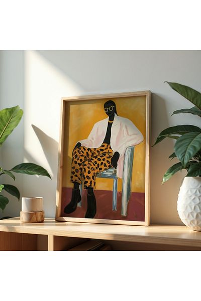 HİGUERA Femeie cu ochelari retro, fundal galben, decor artistic, pictură în cadru din lemn natural