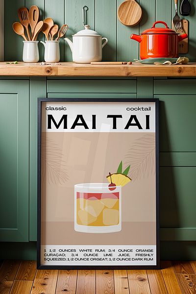 HİGUERA Mai Tai Minimalist Cocktail BAR Tablou de perete de bucătărie cu cadru din lemn natural