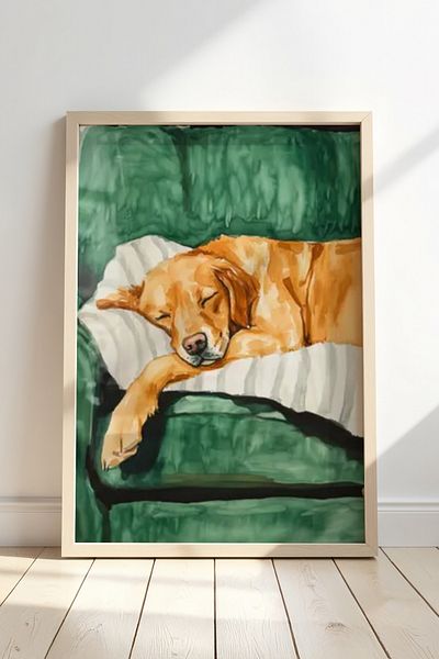 HİGUERA Golden Retriever Sofa Keyfit Pictură de perete cu cadru din lemn natural