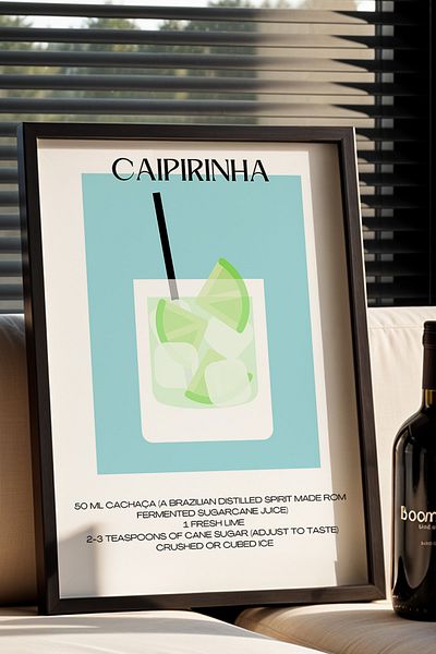 HİGUERA Caipirinha Cocktail BAR cu fundal albastru Tablou de perete de bucătărie cu cadru din lemn natural