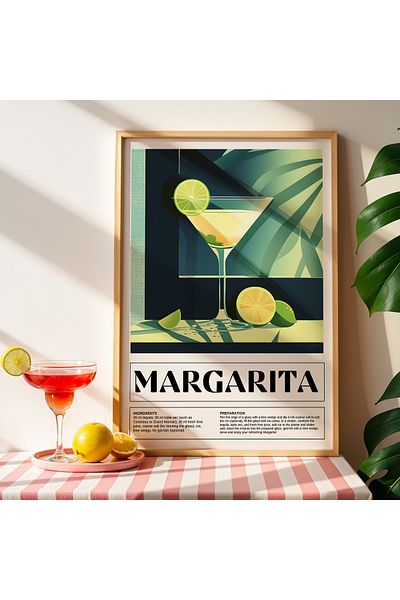 HİGUERA Margarita Ilustrație colorată BAR Tablou de perete de bucătărie cu rame din lemn natural
