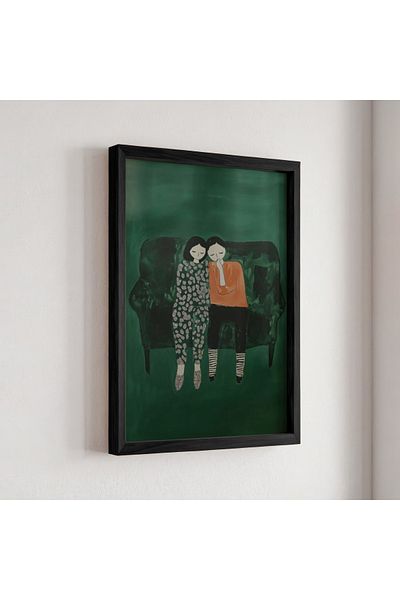 HİGUERA With Intimate and Warm Design - Custom Couple Illustration Natural Wooden Framed Painting