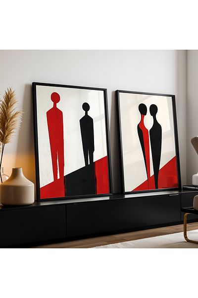 HİGUERA Figurine umane Set de pictură murală cu rame din lemn natural dublu abstract roșu