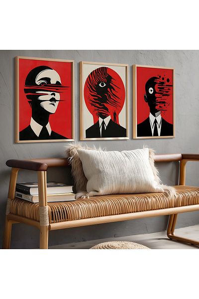 HİGUERA Figură umană triplă Seria abstractă roșie Pictură murală înrămată din lemn natural