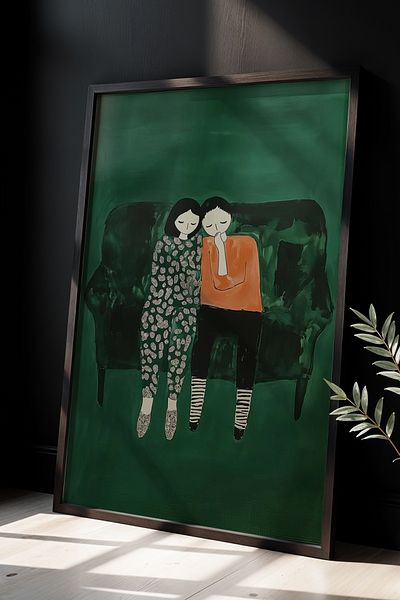 HİGUERA With Intimate and Warm Design - Custom Couple Illustration Natural Wooden Framed Painting
