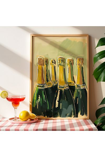 HİGUERA Sticle de șampanie Bucătărie Cocktail Bar Ilustrație Pictură în cadru din lemn natural