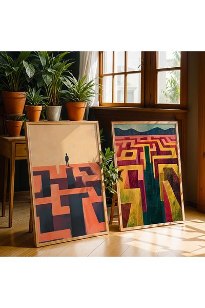 HİGUERA Geometric Expression Art Red Abstract Dual Natural Lemn Pictură de perete cu rame