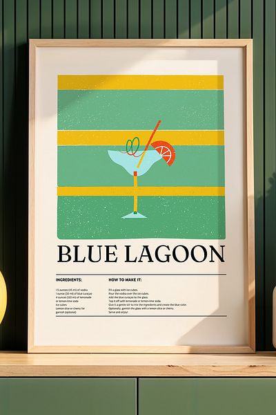 HİGUERA Blue Lagoon Cocktail BAR Tablou de perete de bucătărie cu cadru din lemn natural