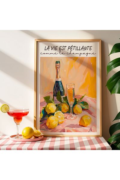 HİGUERA Lemon Champagne French BAR Tablou de perete de bucătărie cu cadru din lemn natural