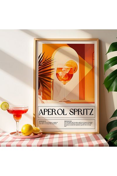 HİGUERA Aperol Spritz Ilustrație colorată BAR Tablou de perete de bucătărie cu cadru din lemn natural