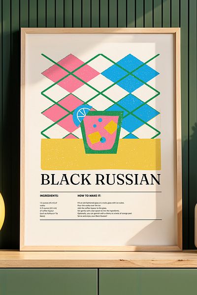 HİGUERA Black Russian BAR Tablou de perete de bucătărie cu cadru din lemn natural