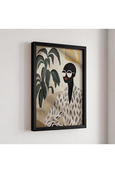 HİGUERA Decor artistic atemporal tematic pentru femei cu ochelari retro, pictură cu cadru din lemn natural