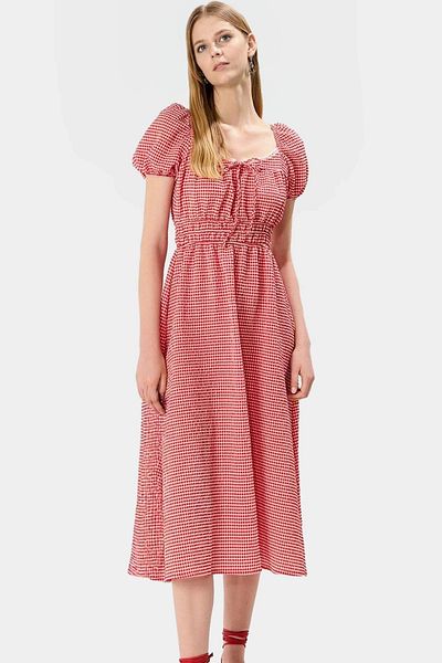 PayBuy Summer Plaid A-Line Midi Dress Lace Detail Balloon Sleeve Long Lasting Modern Style