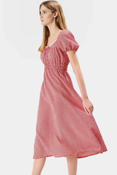 PayBuy Summer Plaid A-Line Midi Dress Lace Detail Balloon Sleeve Long Lasting Modern Style
