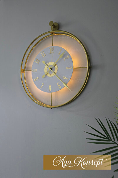 AGA KONSEPT LED'li GOLD La Clock 24 Kristal (Büyük Boy 50 x 60 Cm) Modern Dekoratif Metal Duvar Saati