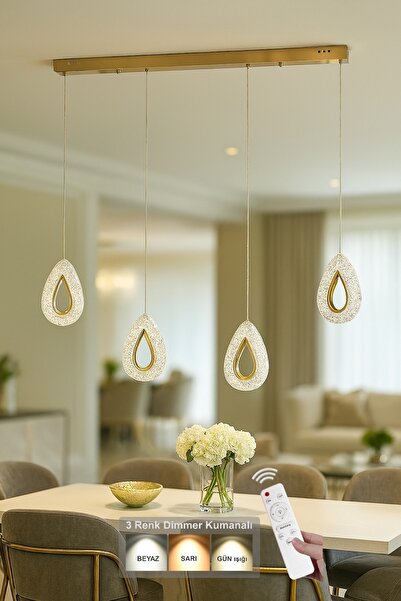 Avizemoda Dali 4'Lü Ledli Dim Kumandalı Modern Yemek Masası Üstü Avize (3 Ren...