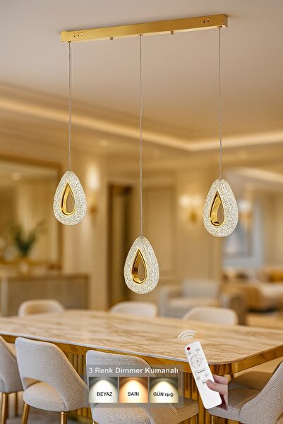 Avizemoda Dali 3'Lü Ledli Dim Kumandalı Modern Yemek Masası Üstü Avize (3 Renk Led; Sarı-Beyaz-Gün ışığı)-GOLD