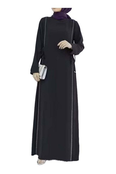 SOLOBUY Abaya, Color Black, Long Sleeves, Ties On The Sides, Collar Funnel, Maxi