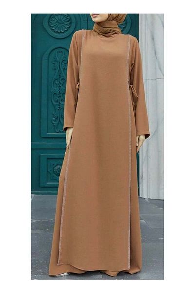 SOLOBUY Dresses Abaya, Color Bronze, Long Sleeves, Ties On The Sides, Collar Funnel, Maxi