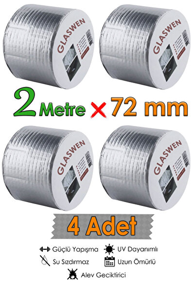 GLASWEN 4 Adet Çatı İzolasyon Bandı 72 mm X 2 MT Su Sızdırmazlık Geçirmez Yal...