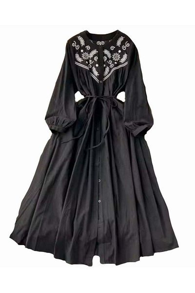 SOLOBUY Cotton Dress With Contrast Embroidery, Buttons, Belt And Pockets, Length Midi, sleeves Long