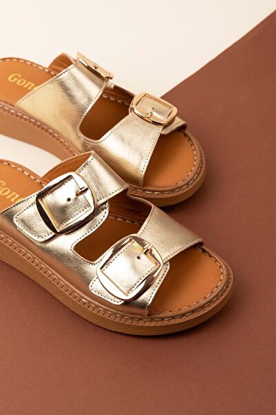 Gondol Kadın Hakiki Deri Çift Tokalı Gizli Cırtlı Günlük Rahat Terlik Usl.2475 Altın