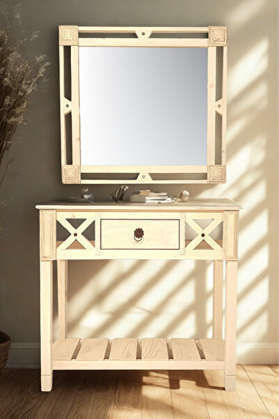 woodopic Teksas Ahşap Dresuar Beyaz Aynalı Hol Sehpası Konsol