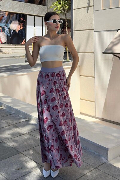 lodmela Elastic Waist Pleated Skirt 6029 Lilac/Burgundy