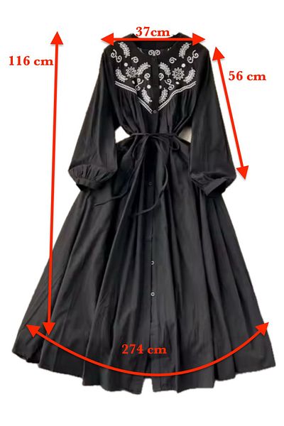SOLOBUY Cotton Dress With Contrast Embroidery, Buttons, Belt And Pockets, Length Midi, sleeves Long