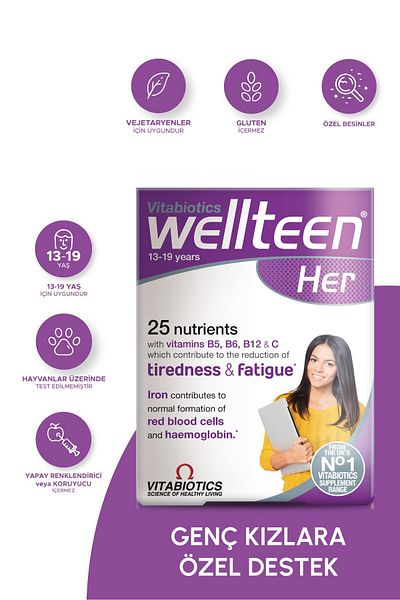 Wellteen خاص للفتيات الصغيرات - فيتامين د، التوت البري، مستخلص بذور العنب 30 قرصًا
