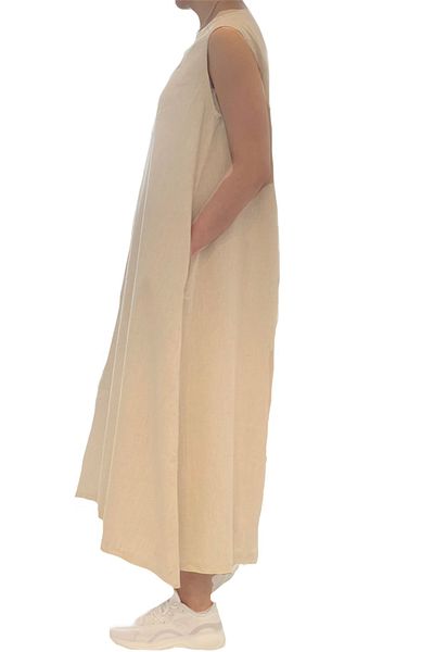 SOLOBUY Linen Dress, Sleeveless, With Pockets, V-neck, Midi Length