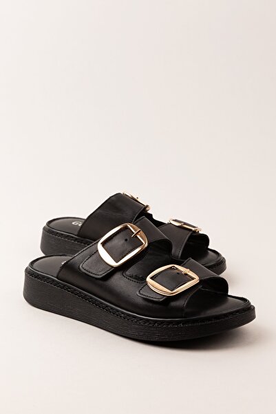 Gondol Kadın Hakiki Deri Çift Tokalı Gizli Cırtlı Günlük Rahat Terlik Usl.2475 Siyah