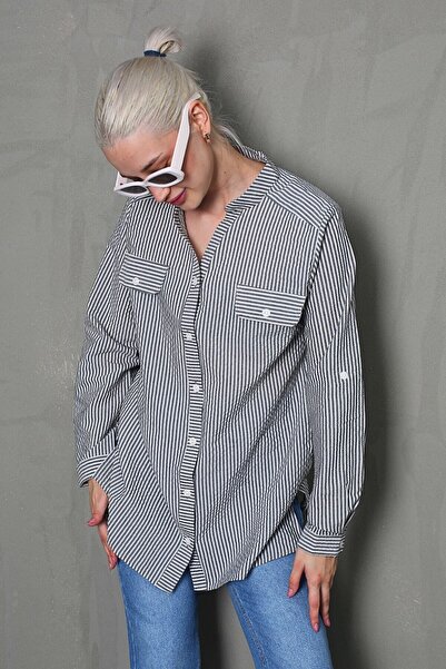 Madmext Siyah Çizgili Gofre Kumaş Kadın Oversize Gömlek MG1666