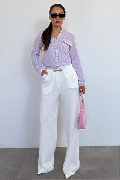 Madmext Mor Çizgili Gofre Kumaş Kadın Oversize Gömlek MG1666