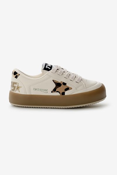 Tonny Black Pantofi sport pentru copii, unisex, bej, leopard, cu talpă termică, cu șireturi și velcro